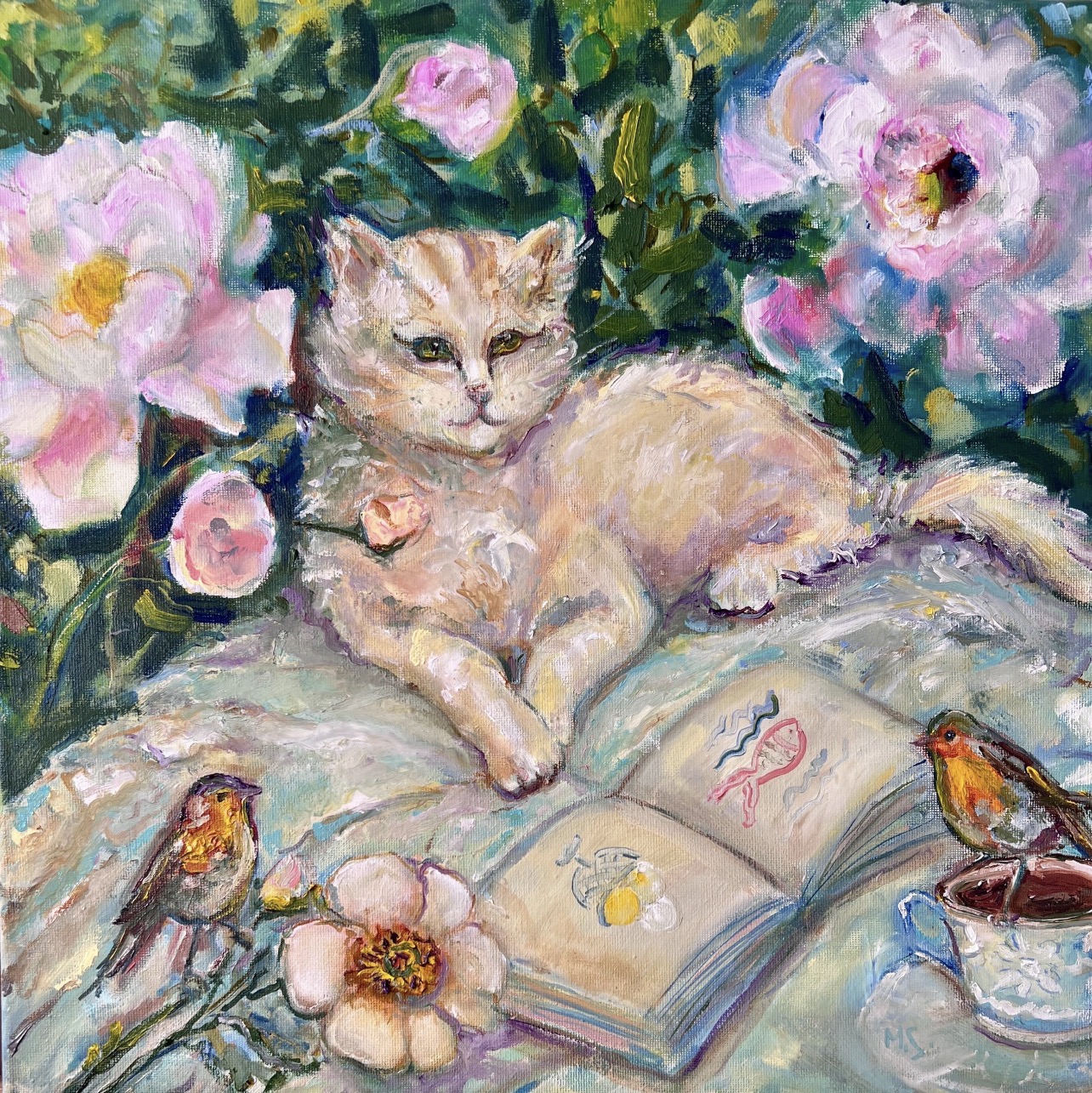 Tea, Cat and Roses — original painting by Marina Stognieva, oil on canvas, 40 × 40 cm, 2026